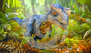 Blue feathered dinosaur in prehistoric jungle