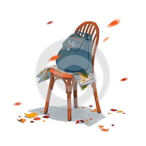 Blue femail backpack on a chair under the autumn leaf fall. Colorful hand drawn illustration
