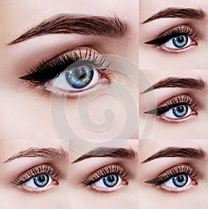 Blue female eyes with makeup steps.