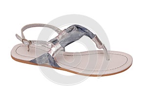 Blue female leather shoe, flip-flop, open-toed sandals on white background, isolated footwear as single object,