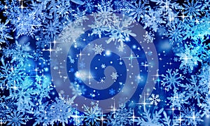 Blue festive winter background, Christmas, glitter, snowflakes falling, icy snowflakes, snowfall, holiday, new year, bright, place