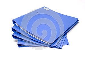 Blue file folder with documents on the white table