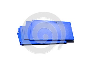 Blue file folder with documents on the white table