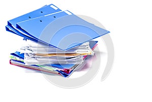 Blue file folder with documents on the white table