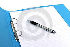 Blue file and pen on a white background. open folder