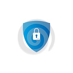 Blue filled secure digital shield vector logo with padlock.