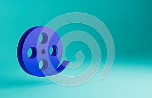 Blue Film reel icon isolated on blue background. Minimalism concept. 3D render illustration
