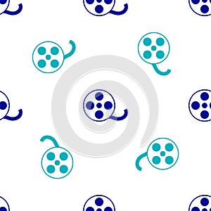 Blue Film reel icon isolated seamless pattern on white background. Vector