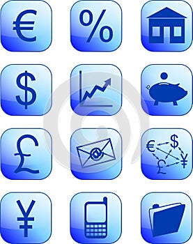 Blue financial buttons and icons