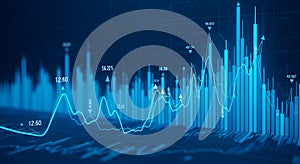 Blue Financial Data Visualization with Bar and Line Graphs
