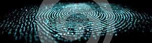 Blue fingerprint on black background, a symbol of security, identity, and access in the digital age