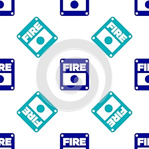 Blue Fire alarm system icon isolated seamless pattern on white background. Pull danger fire safety box. Vector