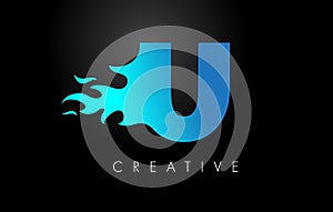 Blue fire  Blue U Letter Flame Logo Design. Fire Logo Lettering Concept