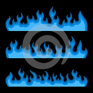 Blue Fire Burning Flames Set on a Black Background. Vector