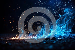 Blue Fire Embers Particles Over Black Background