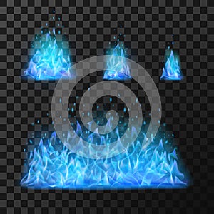 Blue fire flames. Light hot blazing, danger and power