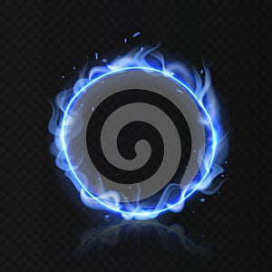 Blue fire ring. Realistic burning circle. Round fiery shape with hole on black background. Magical energy and ignite gas