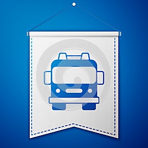 Blue Fire truck icon isolated on blue background. Fire engine. Firefighters emergency vehicle. White pennant template