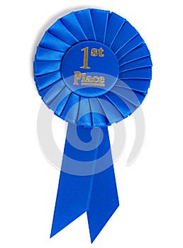 A blue first place ribbon on white background