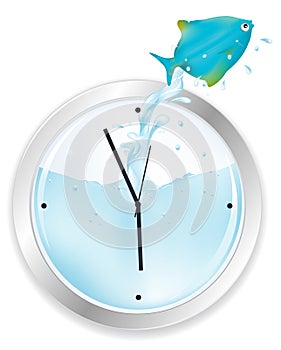 Blue Fish Jumping From Clock. Vector