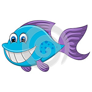 Blue Fish with purple fin and big teeth cartoon vector illustration