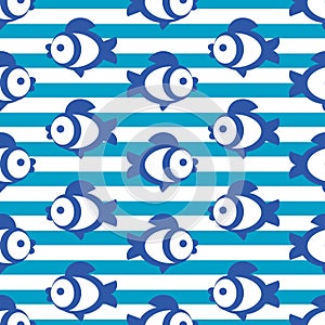 Blue fish on striped background. Seamless pattern, vector
