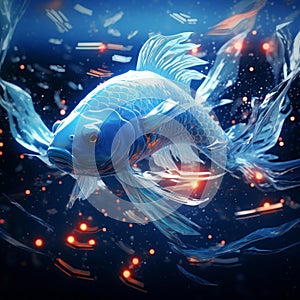 A blue fish under water with lights