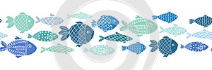 Blue fishes seamless vector border. Doodle line art ocean animal repeating pattern.