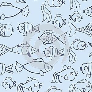 Blue fishes vector seamless pattern. Beautiful handcrafted ocean texture. Creative wallpaper design with little fish. graphic