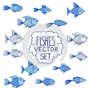 Blue fishes vector set or collection