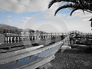 Blue fishing boat on land