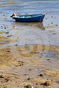 Blue fishing boat at low tide