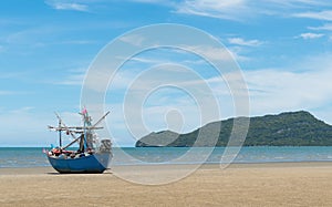 Blue Fishing Boat on Sam Roi Yod Beach Prachuap Khiri Khan Thailand 3