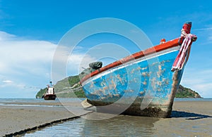 Blue Fishing Boat on Sam Roi Yod Beach Prachuap Khiri Khan Thailand Right 3