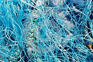 Blue fishing net closeup