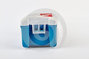 Blue fishing tackle box isolated.