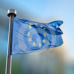 Blue flag with Bitcoin Currency Symbol