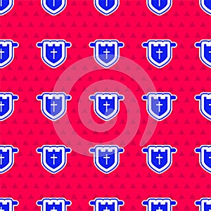 Blue Flag with christian cross icon isolated seamless pattern on red background. Vector