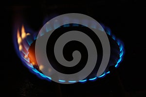 The blue flame of a burning gas stove in a kitchen