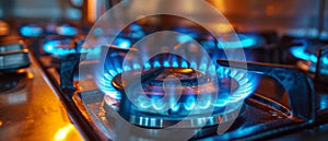 Blue Flame From Gas Stove Burner On Kitchen Stove, Representing Rising Gas Costs During Economic Crisis