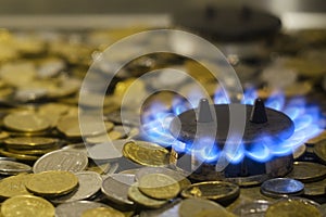 Blue flames of natural gas burning from a gas stove on a background of the coins