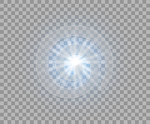 Blue flash glowing with radial rays. Abstract sun. Bright burst of light. Vector Christmas design element isolated background.