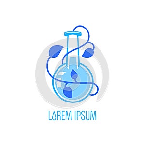 Blue flask with plant vecor logo, laboratory biotechnology concept
