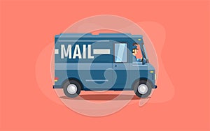Blue flat cartoon mail or delivery van vehicle with driver or courier on pink background