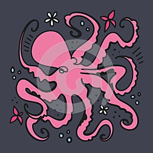 Blue flat doodle cartoon octopus, tentacles squid animal, hand drawn vector illustration isolated on white background