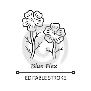 Blue flax plant linear icon. Thin line illustration. Linen wild flower with name inscription. Spring blossom. Blooming