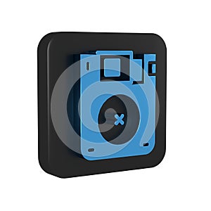 Blue Floppy disk for computer data storage icon isolated on transparent background. Diskette sign. Black square button.