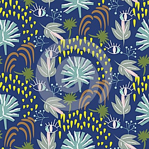 Blue floral botany pattern seamless vector texture.