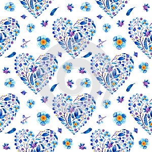 Blue floral hearts, seamless pattern. Flowers, buds and  petals. Floral romantic background for Valentines Day