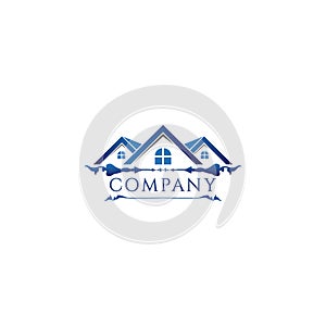 Blue Floral House Real Estate Logo Design Template, Counstruction Company